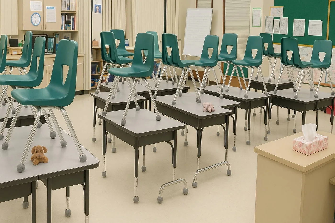 Classroom chairs arranged on desks with floor protectors on chair legs