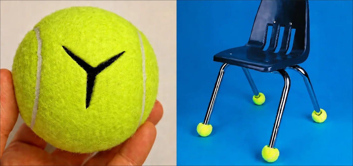 Recycled precut tennis ball and classroom chair with tennis balls installed on the legs