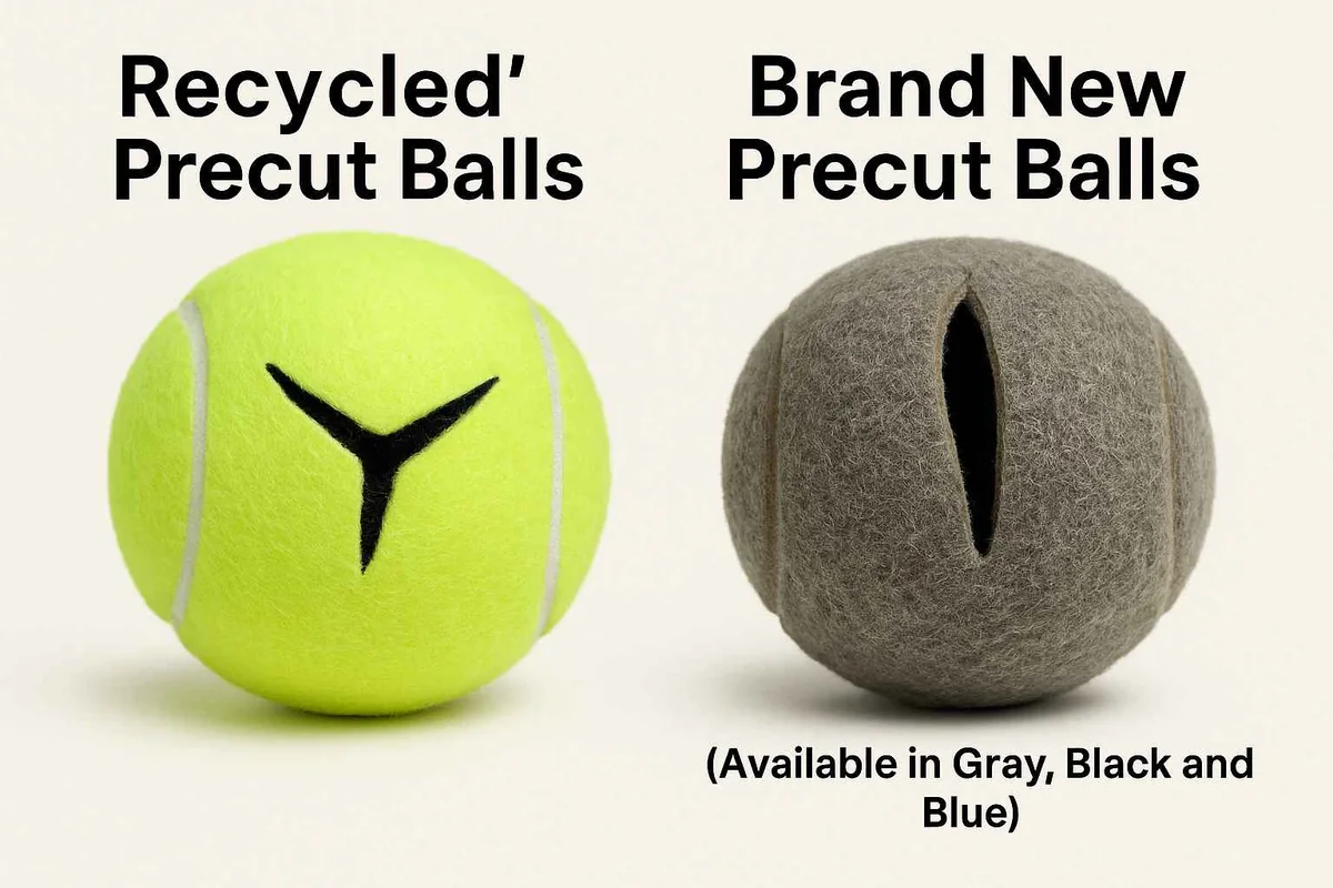 Side-by-side recycled and brand-new precut tennis balls